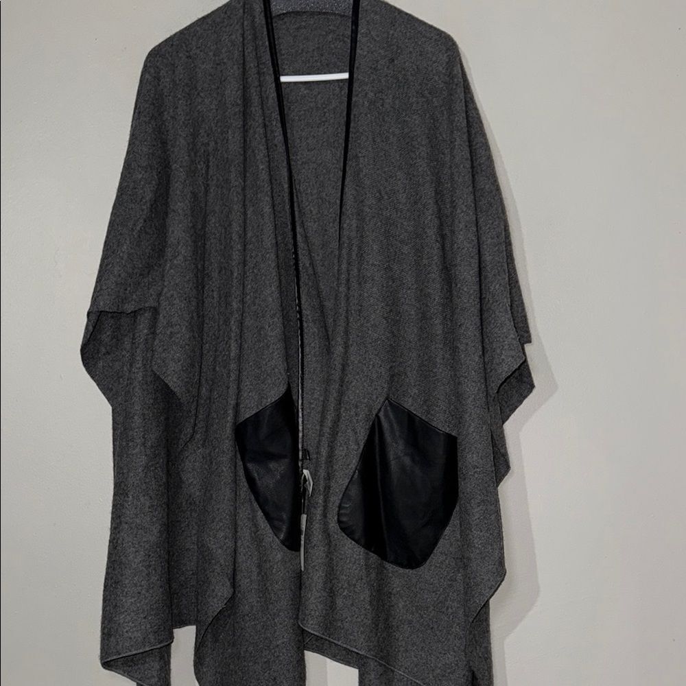 Gray and Black Poncho Sweater with Cape Sleeves